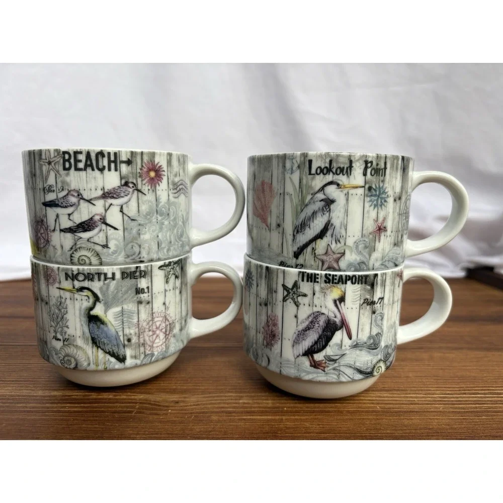 Pier 1 Coastal Nautical Mug Set w Metal Rack Beach Sea Bird Ceramic Cups
